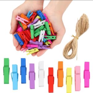20-Piece Mini Colorful Wooden Craft Clips with Jute Twine - Image 3