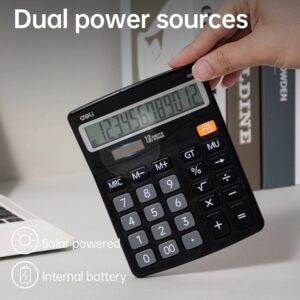 Deli 12-Digit Desktop Calculator – Dual Solar & Battery Power, Large LCD Display -Black - Image 4