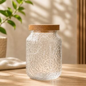 Delisoga Textured Glass Storage Jar with Wooden Lid 1 .0L - Image 1